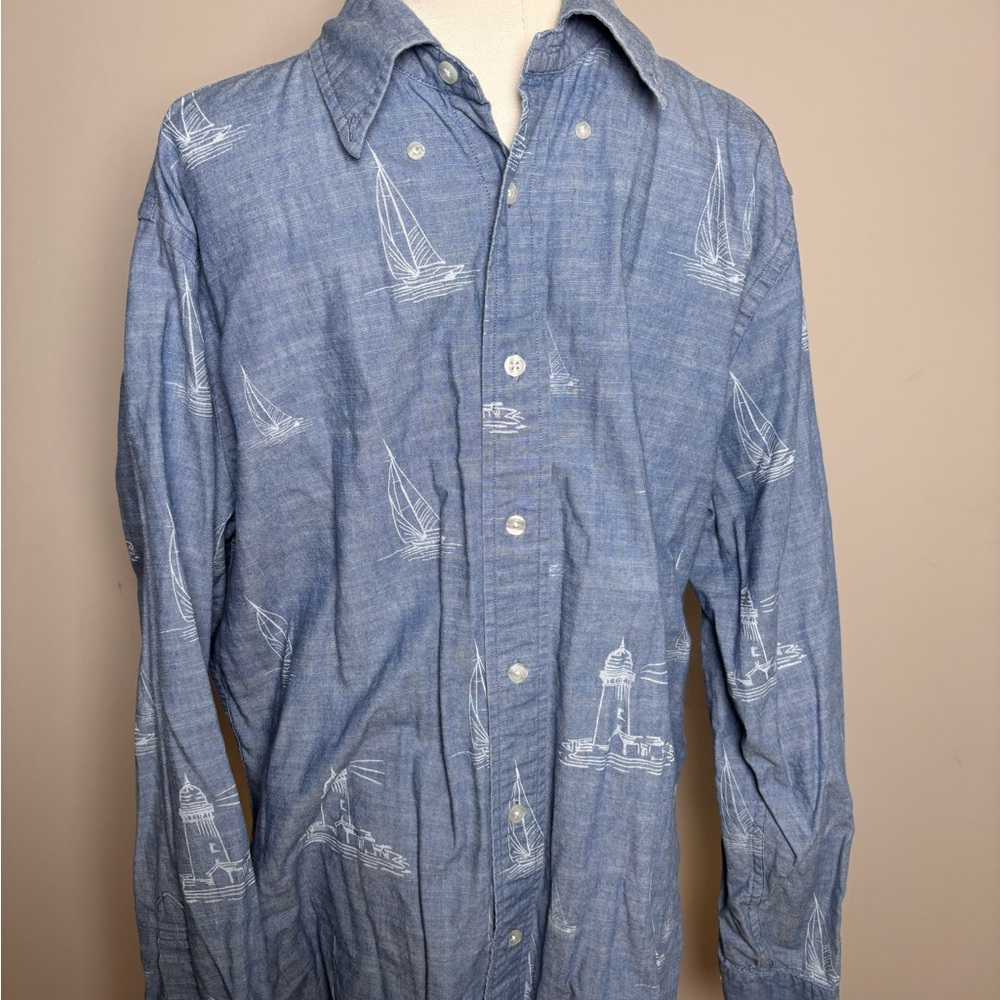 Brooks Brothers Blue Regent Lighthouse Sailboat Print Men's button down shirt